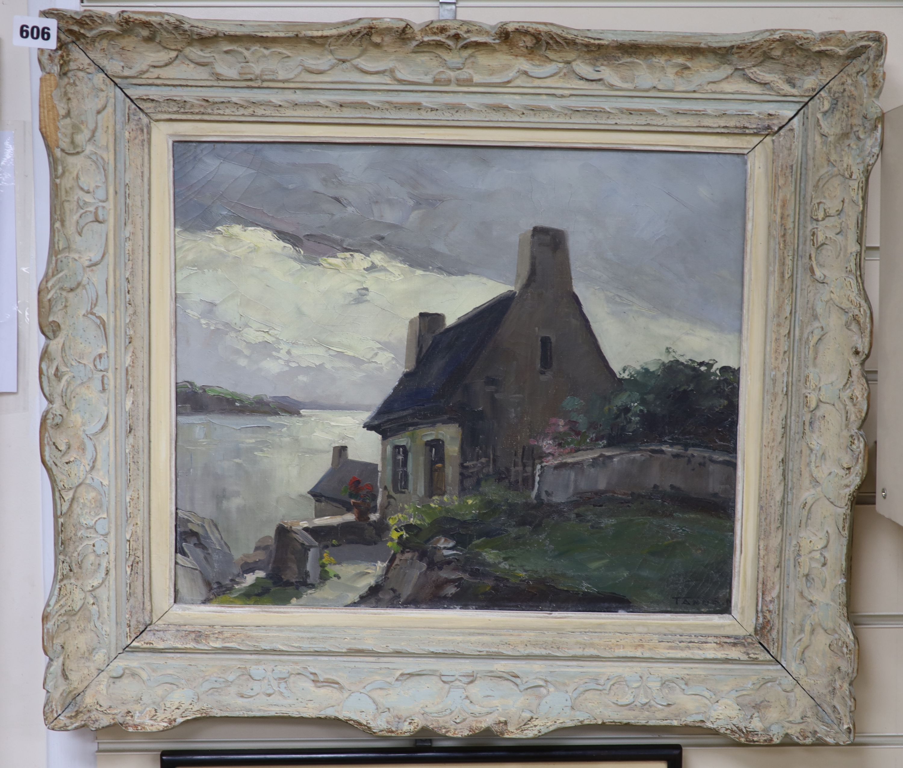 M* Tanor (20th century), oil on canvas, Coastal scene with cottages, signed, 36.5 x 44.5cm